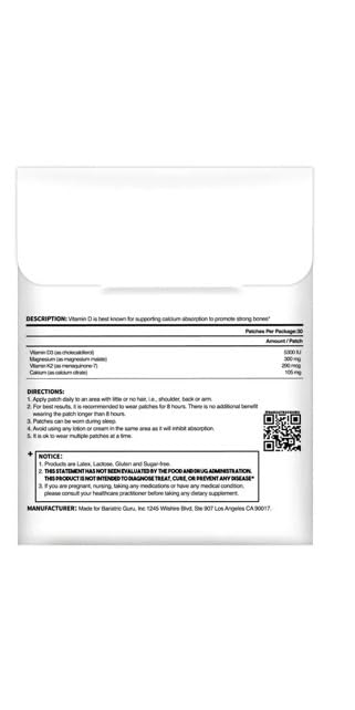 Bariatric Guru VitaBoost Supplement Patch — Vitamin D3, K2, Magnesium & Calcium Citrate Transdermal Topical Patch for Bone, Muscle & Immune Support — 30 Patches Bariatric Guru Au supplements