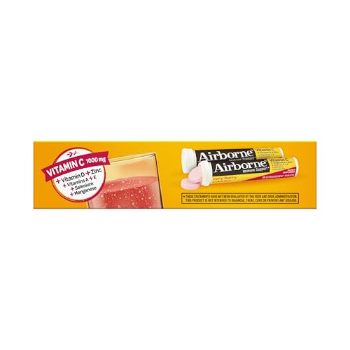 Vitamin C 1000mg (per serving) - Airborne Very Berry Effervescent Tablets (36 count in a box), Gluten-Free Immune Support Supplement, With Vitamins A C E, ZINC, Selenium, Echinacea & Ginger Airborne Au supplements