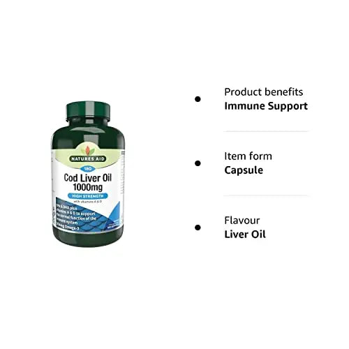 Natures Aid Cod Liver Oil, 1000 mg, 180 Softgel Capsules (High Strength, 254 mg Omega natures aid Au supplements