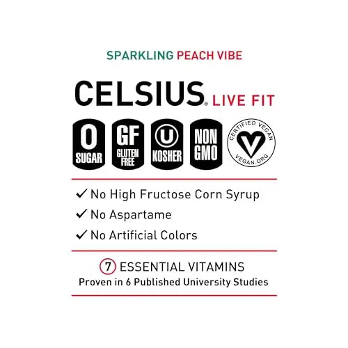 CELSIUS Sparkling Peach Vibe, Functional Essential Energy Drink 12 Fl Oz (Pack of 12) CELSIUS Au supplements