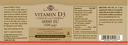 Solgar Vitamin D3 4000 IU (100 µg) Vegetable Capsules - Pack of 60 - Cholecalciferol SOLGAR Au supplements