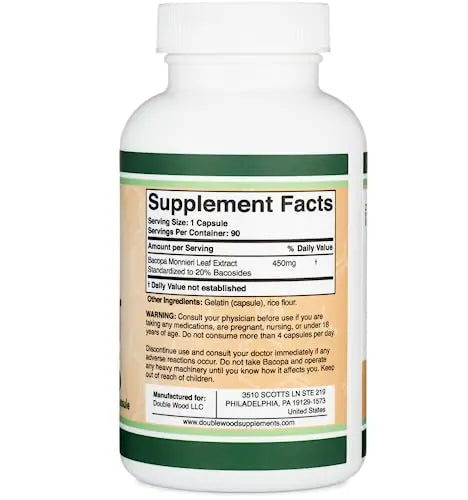 Bacopa Monnieri Capsules 20% Bacosides 450mg, 90 Count (Manufactured in USA Double Wood Supplements Au supplements