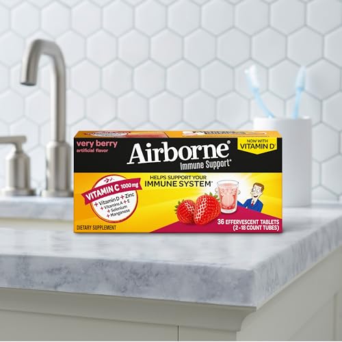 Vitamin C 1000mg (per serving) - Airborne Very Berry Effervescent Tablets (36 count in a box), Gluten-Free Immune Support Supplement, With Vitamins A C E, ZINC, Selenium, Echinacea & Ginger Airborne Au supplements