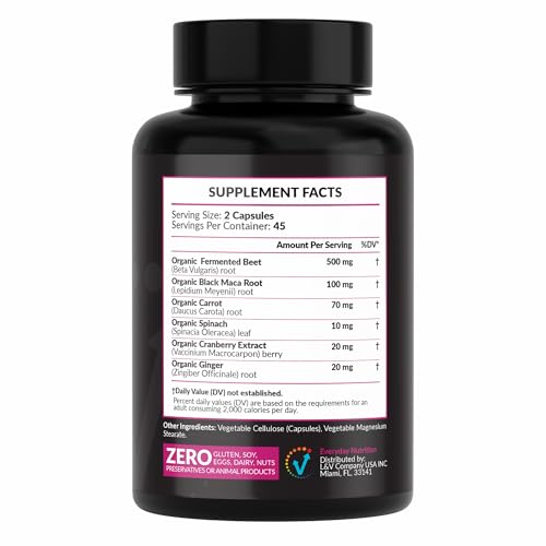 EVERYDAY NUTRITION Organic Fermented Beet Root & Black Maca Capsules with Carrot, Spinach, Cranberry & Ginger | Superfood for Energy, Stamina & Wellness | 90 Veggie Capsules | Made in USA EVERYDAY NUTRITION Au supplements