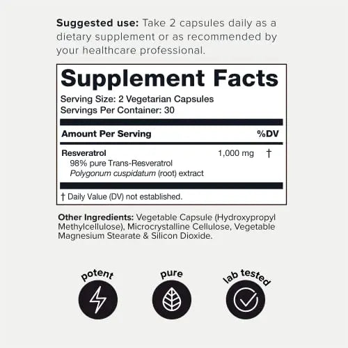 Ultra High Potency Third-Party Tested Trans Resveratrol 1000mg - 98% Pure Toniiq Au supplements