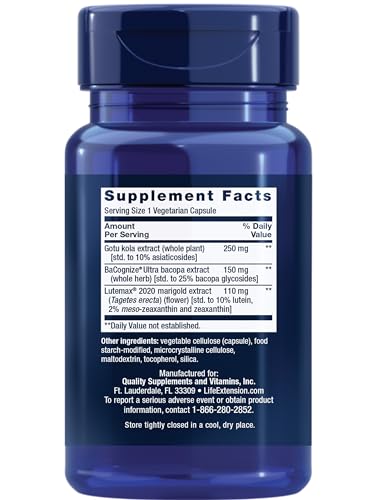 Life Extension Quick Brain Nootropic, Fast Thinking, Learning, Concentration, Lutein, zeaxanthin, gotu kola, bacopa, Gluten Free, Non-GMO, Vegetarian, 1 Daily, 30 Capsules, (Pack of 2) Life Extension Au supplements