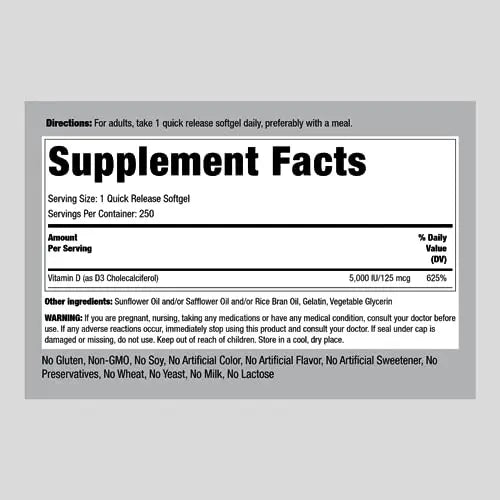 Piping Rock Vitamin D3 5000 IU | 250 Softgels | High Potency Supplement | Non-GMO Piping Rock Au supplements