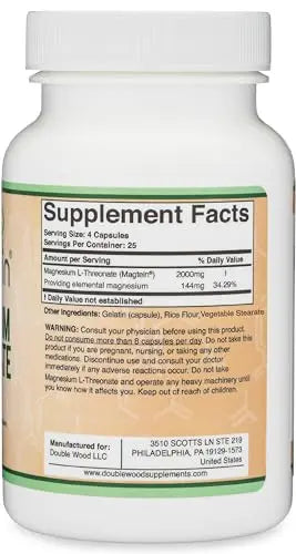 Magnesium L Threonate Capsules (Magtein) – High Absorption Supplement – Bioavailable Double Wood Supplements Au supplements