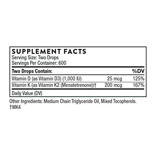 THORNE Vitamin D + K2 Liquid with a metered Dispenser - Vitamins D3 and K2 to Support THORNE Au supplements