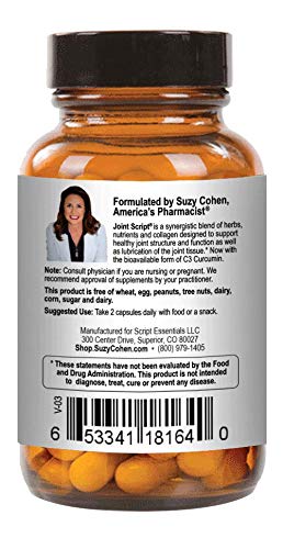 Suzy Cohen Joint Script Joint Support Supplement with Hyaluronic Acid, C3 Curcumin Turmeric Extract, MSM, Collagen Peptides, Ginger, and Boswellia for Maximum Flexibility, Tendon and Cartilage Health Script Essentials Au supplements
