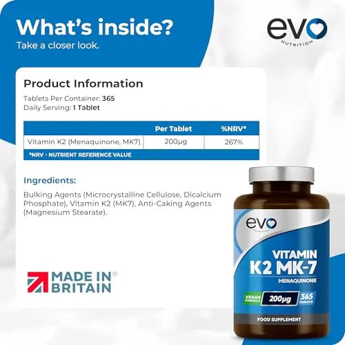 EVO NUTRITION Vitamin K2 MK-7 200mcg | 365 Vegetarian and Vegan Tablets EVO NUTRITION Au supplements