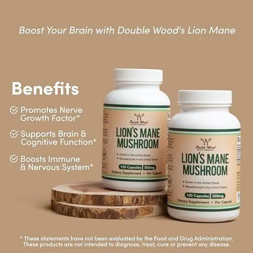 Lions Mane Supplement Mushroom Capsules (Two Month Supply - 120 Count) for Brain Double Wood Supplements Au supplements