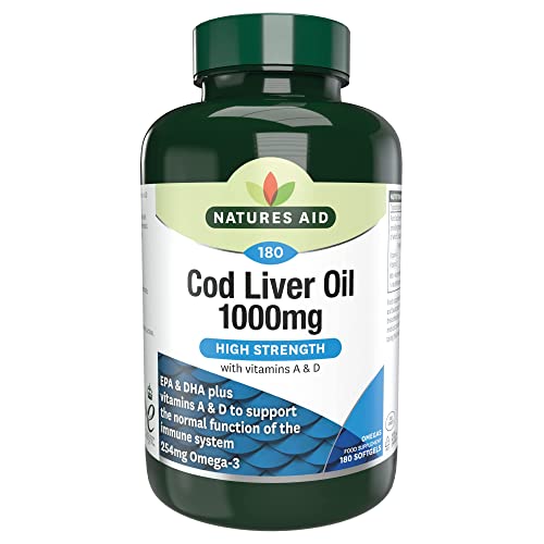 Natures Aid Cod Liver Oil, 1000 mg, 180 Softgel Capsules (High Strength, 254 mg Omega natures aid Au supplements