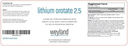 Lithium Orotate 2.5mg (1 Bottle), 60 Vegetarian Capsules, Lithium Supple Weyland Brain Nutrition Au supplements