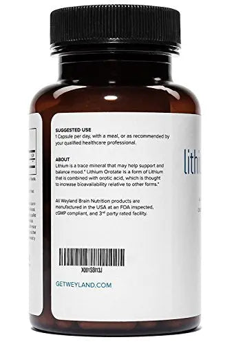 Lithium Orotate 2.5mg (1 Bottle), 60 Vegetarian Capsules, Lithium Supple Weyland Brain Nutrition Au supplements