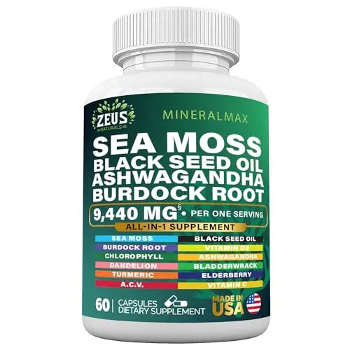 Sea Moss Capsules with Black Seed Oil, Burdock Root, Bladderwrack, Turmeric, Ashwagan Zeus Naturals Au supplements