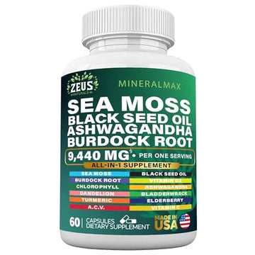 Sea Moss Capsules with Black Seed Oil, Burdock Root, Bladderwrack, Turmeric, Ashwagan Zeus Naturals Au supplements
