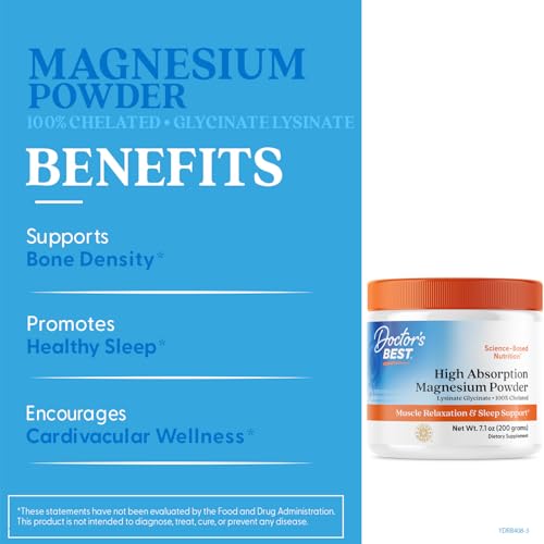 Doctor's Best High Absorption Magnesium Powder,White, 100% Chelated TRACCS, Not Buffered, Headaches, Sleep, Energy. Non-GMO, Vegan, Gluten Free, 200G, 7.1 Ounce (Pack of 1) Doctor's BEST Au supplements