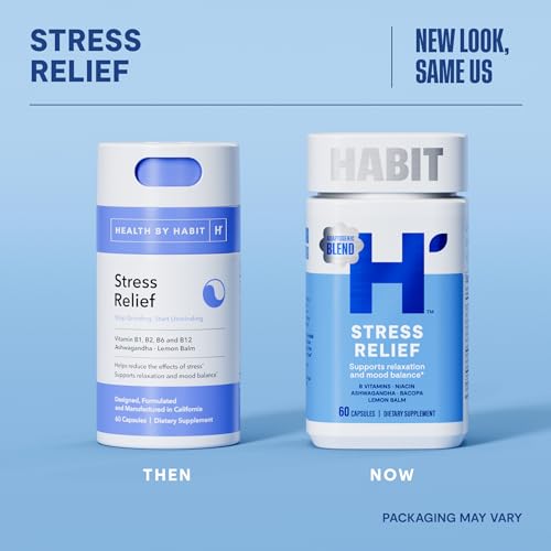 Habit Stress Relief Supplement (60 Capsules) - New Look, Supports Relaxation & Mood Balance, Vitamin B, Adaptogens, Lemon Balm, Calming, Vegan, Non-GMO (1 Pack) H' Habit Au supplements