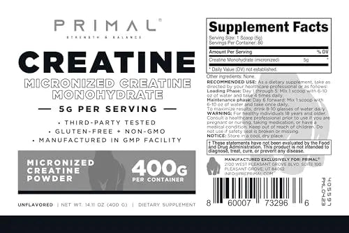Primal Creatine Monohydrate Powder (400 Grams) | Unflavored Micronized Creatine Primal Au supplements