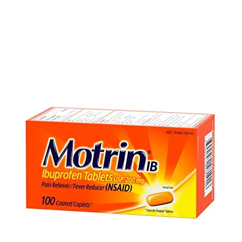 Motrin IB, Ibuprofen 200mg Tablets, Pain Reliever & Fever Reducer for Muscular Aches, Headache, Backache, Menstrual Cramps & Minor Arthritis Pain, NSAID, 100 Ct Motrin Au supplements