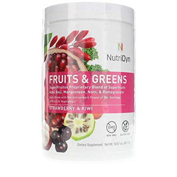 NutriDyn Fruits & Greens Strawberry/Kiwi Flavor *Certified Organic* w/ Acai, Gogi, Mangosteen, Noni & Pomegranate Super Fruits 300 Grams (Strawberry Kiki) Nutri-Dyn Au supplements