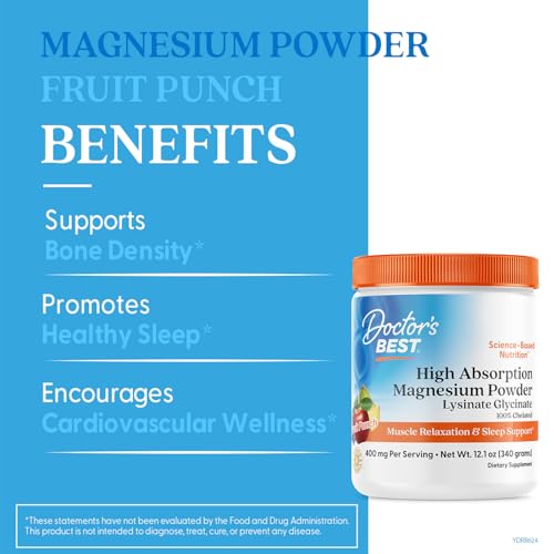Doctors Best High Absorption Magnesium Powder Lysinate Glycinate 100% Chelated, Muscle Relaxation & Sleep Support, Gluten Free, Vegan, 100% Chelated Net Wt. 12.1 oz (340 Grams), Fruit Punch Flavor Doctor's BEST Au supplements