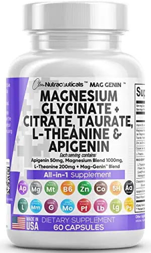 Magnesium Glycinate Complex 1000mg with L-Theanine 200mg Apigenin 50mg Citrate Taurate Supplement - 5-HTP GABA Passion Flower Lemon Balm L-Glycine Phosphatidylserine Ashwagandha - USA Made Clean Nutra Clean Nutraceuticals Au supplements