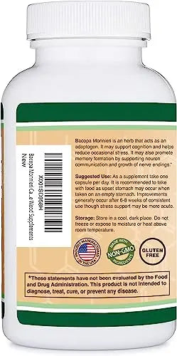 Bacopa Monnieri Capsules 20% Bacosides 450mg, 90 Count (Manufactured in USA Double Wood Supplements Au supplements