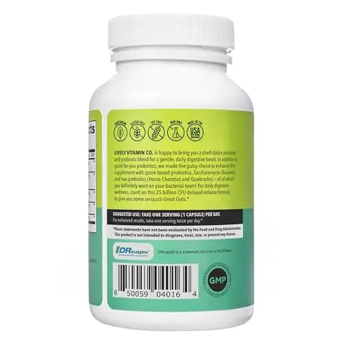 LIVELY VITAMIN CO. Great Guts Probiotic - 25 Billion CFU Probiotic - Balance Gut Microbiome, GI Tract, Inflammation, Indigestion, Reflux, Upset Stomach, & Diarrhea - 90 Caps LIVELY VITAMIN CO Au supplements