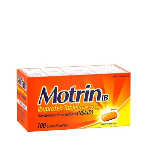 Motrin IB, Ibuprofen 200mg Tablets, Pain Reliever & Fever Reducer for Muscular Aches, Headache, Backache, Menstrual Cramps & Minor Arthritis Pain, NSAID, 100 Ct Motrin Au supplements