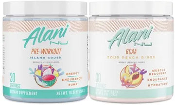 Alani Nu Island Crush Pre Workout and BCAA Sour Peach Rings Post Workout Powder Alani Nu Au supplements