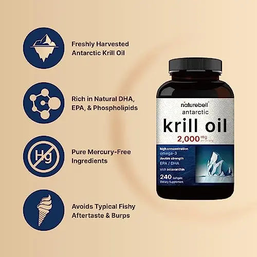 Antarctic Krill Oil 2000mg Supplement, 240 Softgels, 3X Strength Natural Source of Omega NatureBell Au supplements