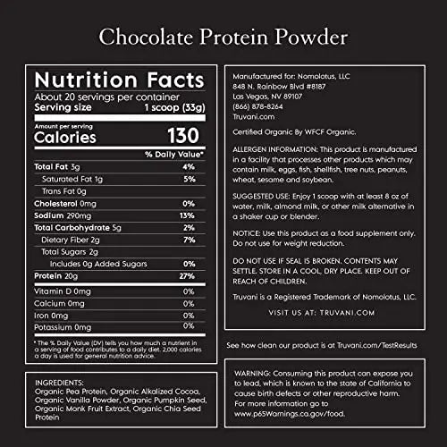 Truvani Organic Vegan Protein Powder Chocolate - 20g of Plant Based Protein, Organic Truvani Au supplements