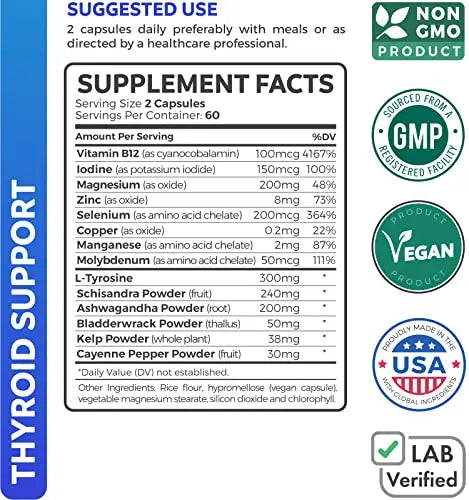 Thyroid Support with Iodine - 120 Capsules (Non-GMO) Healths Harmony Au supplements