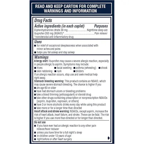 Advil PM Pain Reliever and Nighttime Sleep Aid, Ibuprofen for Pain Relief and Diphenhydramine Citrate for a Sleep Aid - 120 Coated Caplets and Pain Reliever and Fever Reducer, 10 Count Tablets Advil Au supplements