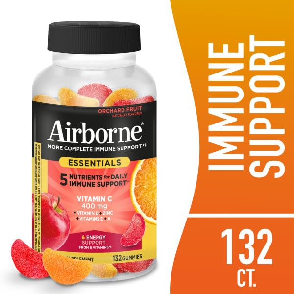 Airborne 400mg Vitamin C Gummies for Adults & Children, Immune Essentials Daily Immune Support Supplement with Vitamins C & E - Orchard Fruit Flavor, 132 Gummies (Pack of 2) Airborne Au supplements