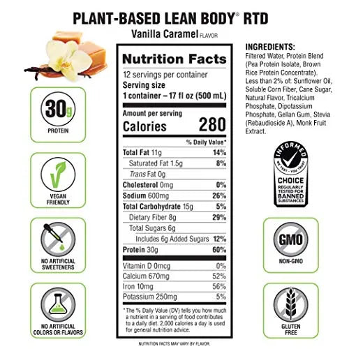 Lean Body Ready-to-Drink, Plant-Based Vegan Vanilla Caramel Protein Shake, 30g Protein Labrada Au supplements