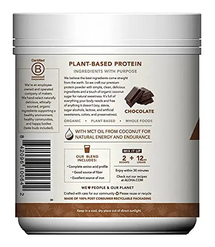 ALOHA Organic Plant Based Protein Powder, Stevia Free, Chocolate, 19.6 oz, 15 Servings ALOHA Au supplements