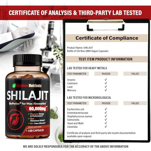 Pure Himalayan Shilajit Capsules Supplement (60,000mg+ Absorption Enhancer+50% Rainbow Nutrients, LLC Au supplements