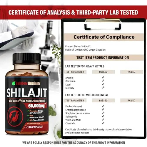 Pure Himalayan Shilajit Capsules Supplement (60,000mg+ Absorption Enhancer+50% Rainbow Nutrients, LLC Au supplements