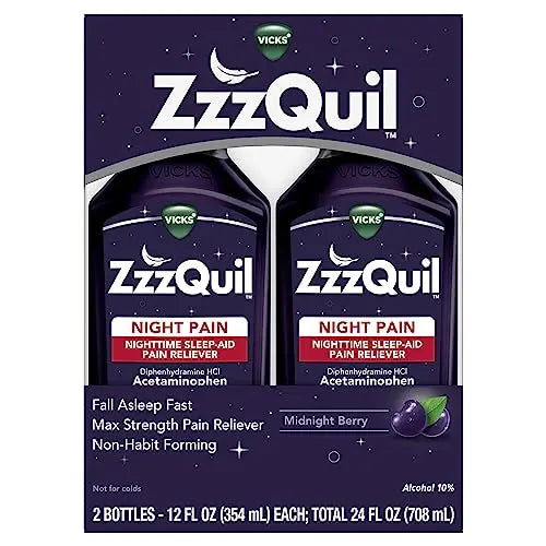 ZzzQuil Liquid, Max Strength Pain Reliever, Nighttime Sleep Aid Liquid, Acetaminophen 1000mg, Diphenhydramine 50mg HCI, Non-Habit Forming, Midnight Berry Flavored, 2 Pack, 24 FL OZ ZzzQuil Au supplements
