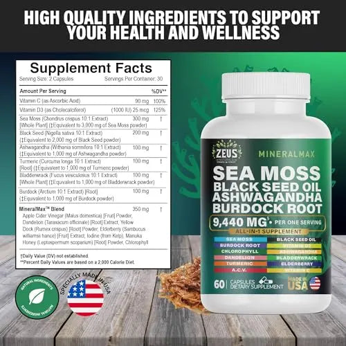 Sea Moss Capsules with Black Seed Oil, Burdock Root, Bladderwrack, Turmeric, Ashwagan Zeus Naturals Au supplements