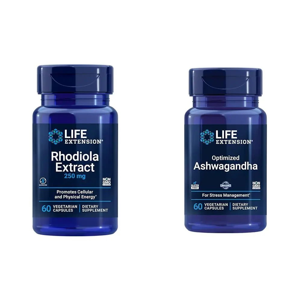Life Extension Rhodiola and Ashwagandha Extract Bundle, Rhodiola rosea and ashwagandha Supplements, 60 Capsules Each Life Extension Au supplements