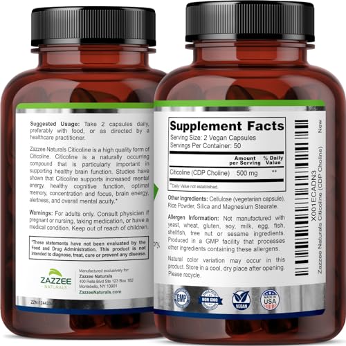 Zazzee Extra Strength Citicoline CDP Choline, 500 mg per Serving, 100 Vegan Capsules Zazzee Au supplements