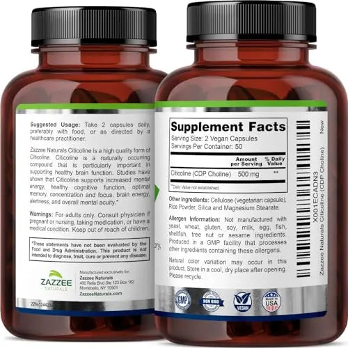 Zazzee Extra Strength Citicoline CDP Choline, 500 mg per Serving, 100 Vegan Capsules Zazzee Au supplements