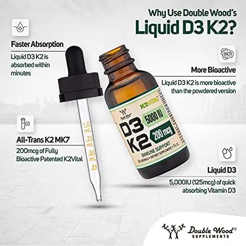 Vitamin D3 K2 5,000 IU Liquid Drops (5,000 IU of D3 and 200mcg of 99.9% All-Trans Double Wood Supplements Au supplements