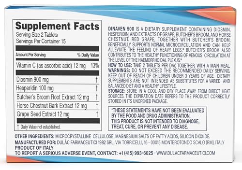 Dulac Dinaven 500, Micronized Diosmin Hesperidin Dietary Supplement 1000mg per serving, Horse Chestnut Extract, Butcher’s Broom & Red Grape Extract, Leg Circulation Support, 30 Tablets, Made in Italy DULÀC FARMACEUTICI 1982 Au supplements