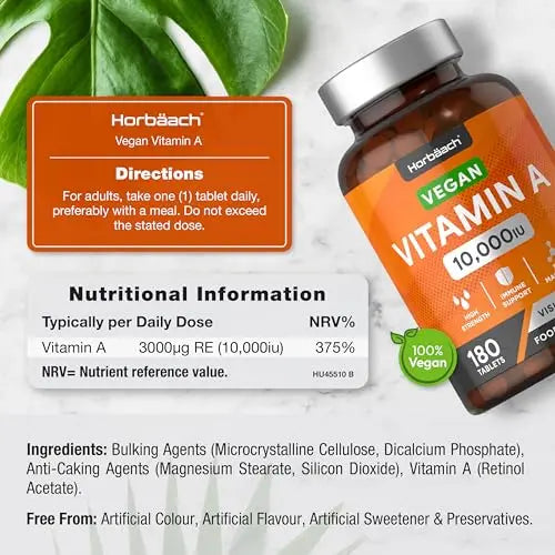 Vitamin A Tablets 10000iu | 180 Count | High Strength Vitamin A as Retinol Acetate Horbäach Au supplements