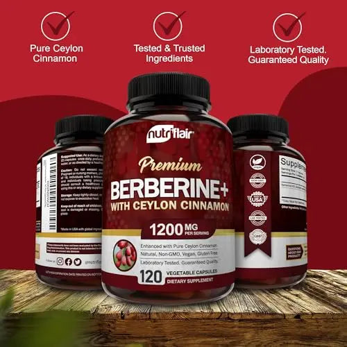 NutriFlair Premium Berberine HCL 1200mg, 120 Capsules - Plus Pure True Ceylon Cinnamon NutriFlair Au supplements